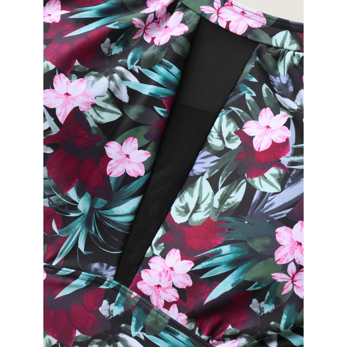 Plus Size Anti-Float Ties Sheer Tropical Swim Dress Women's Swimwear BlackFlower Beach Bodycon Round Neck High stretch Curve Swim Dresses BloomChic 22-24/3X Product Image