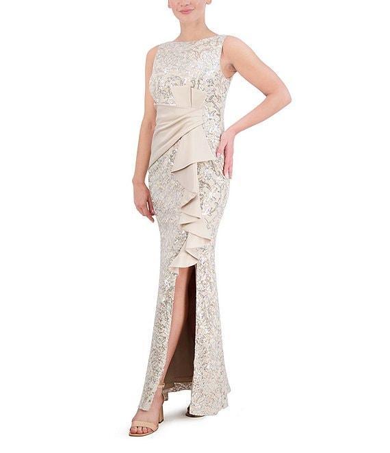 Eliza J Sequin Lace Boat Neck Sleeveless Ruffle Front Slit Gown Product Image