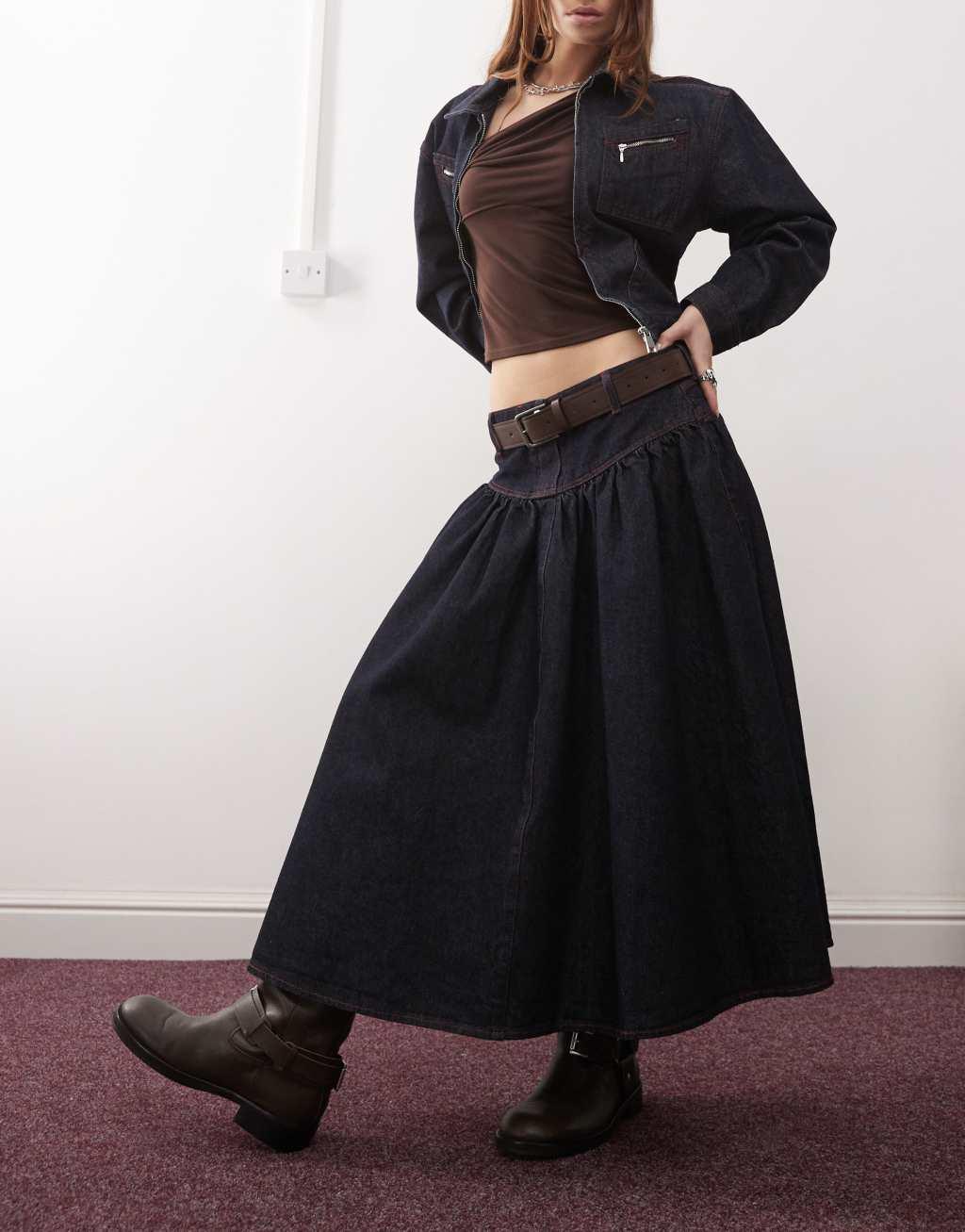 COLLUSION denim drop waist midi skirt in rinse wash - part of a set Product Image