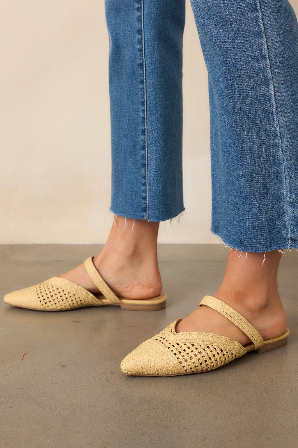 There She Goes Natural Pointed-Toe Woven Raffia Mules Product Image