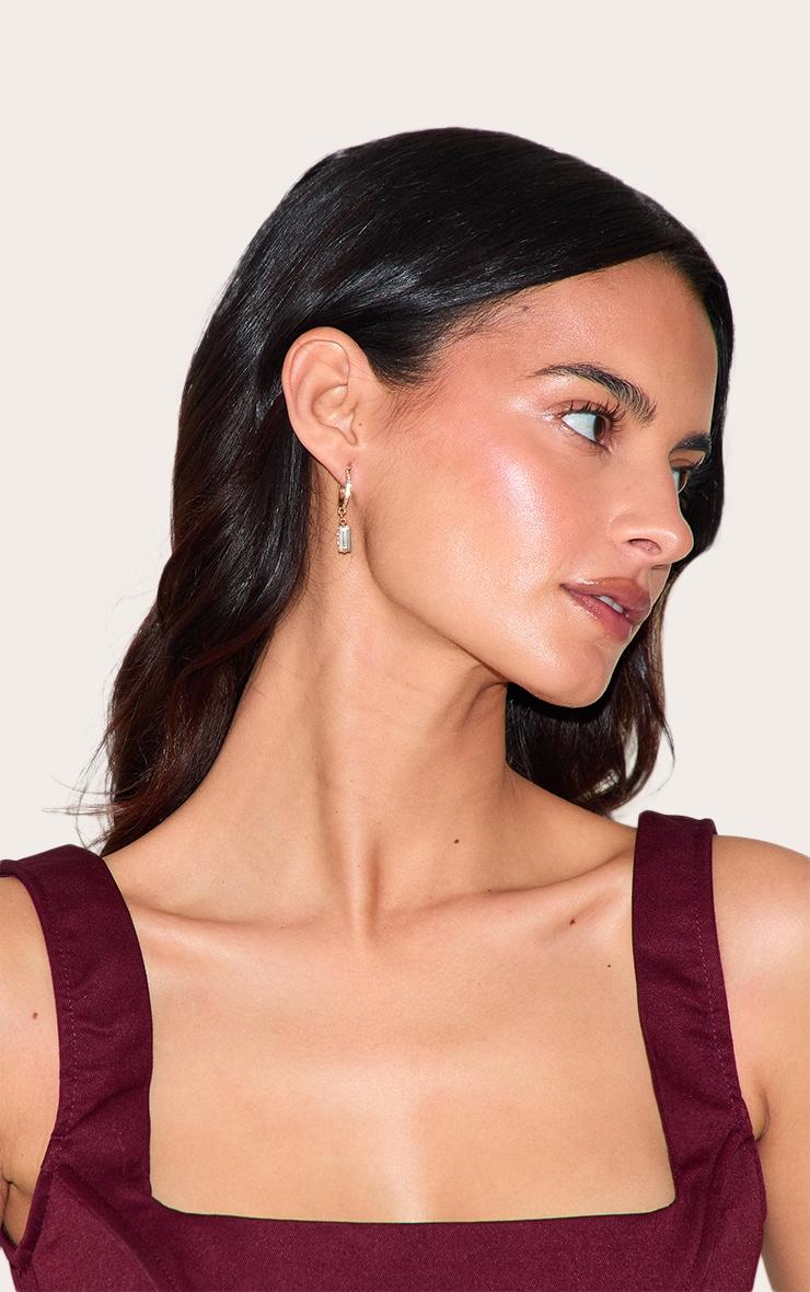 Real Gold Plated Paved Baguette Drop Hoop Earrings Product Image