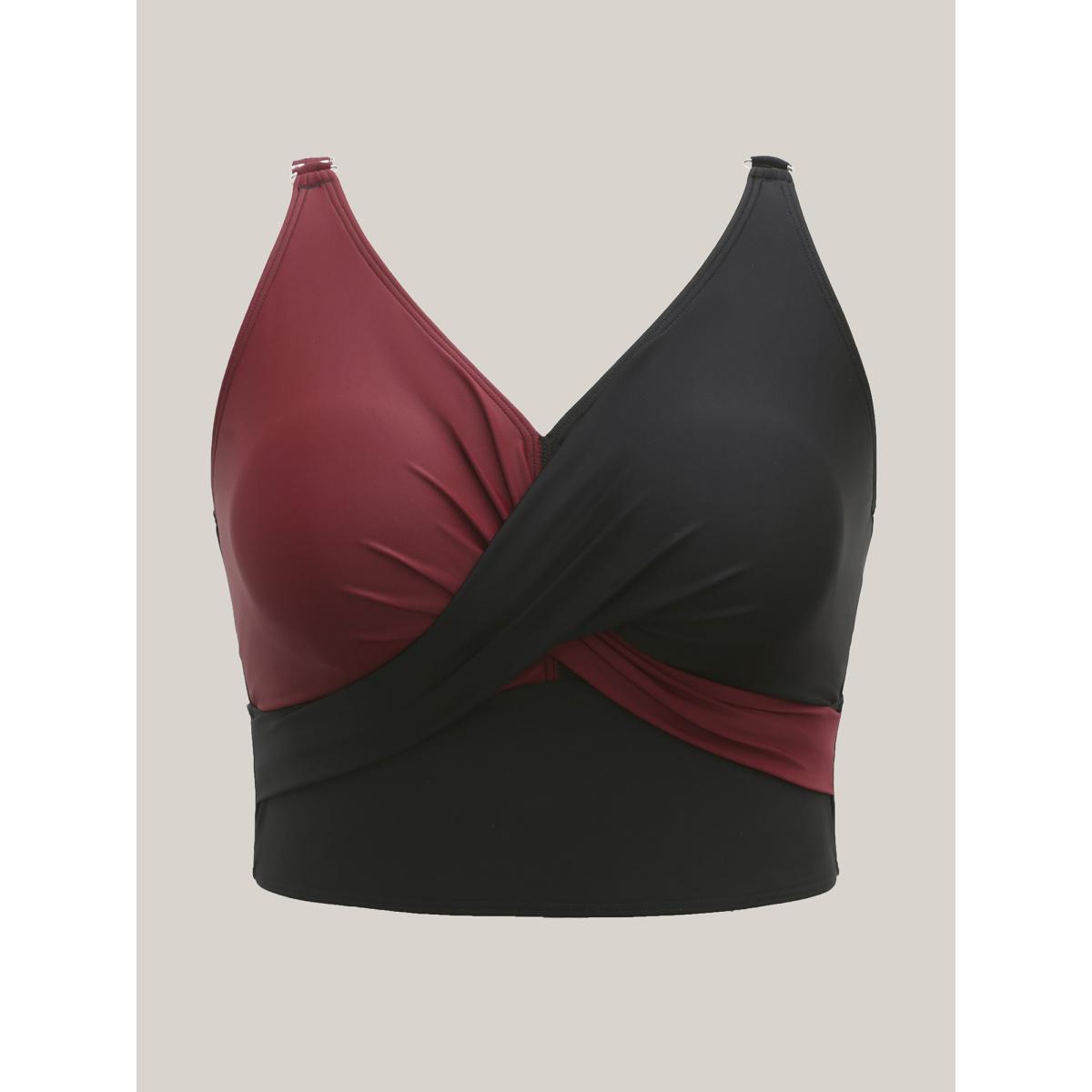 Plus Size Color Block Twist Front Ruched Swim Top Women's Swimwear Black Resort Twist High stretch Skinny V-neck Curve Swim Tops BloomChic 22-24/3X Product Image