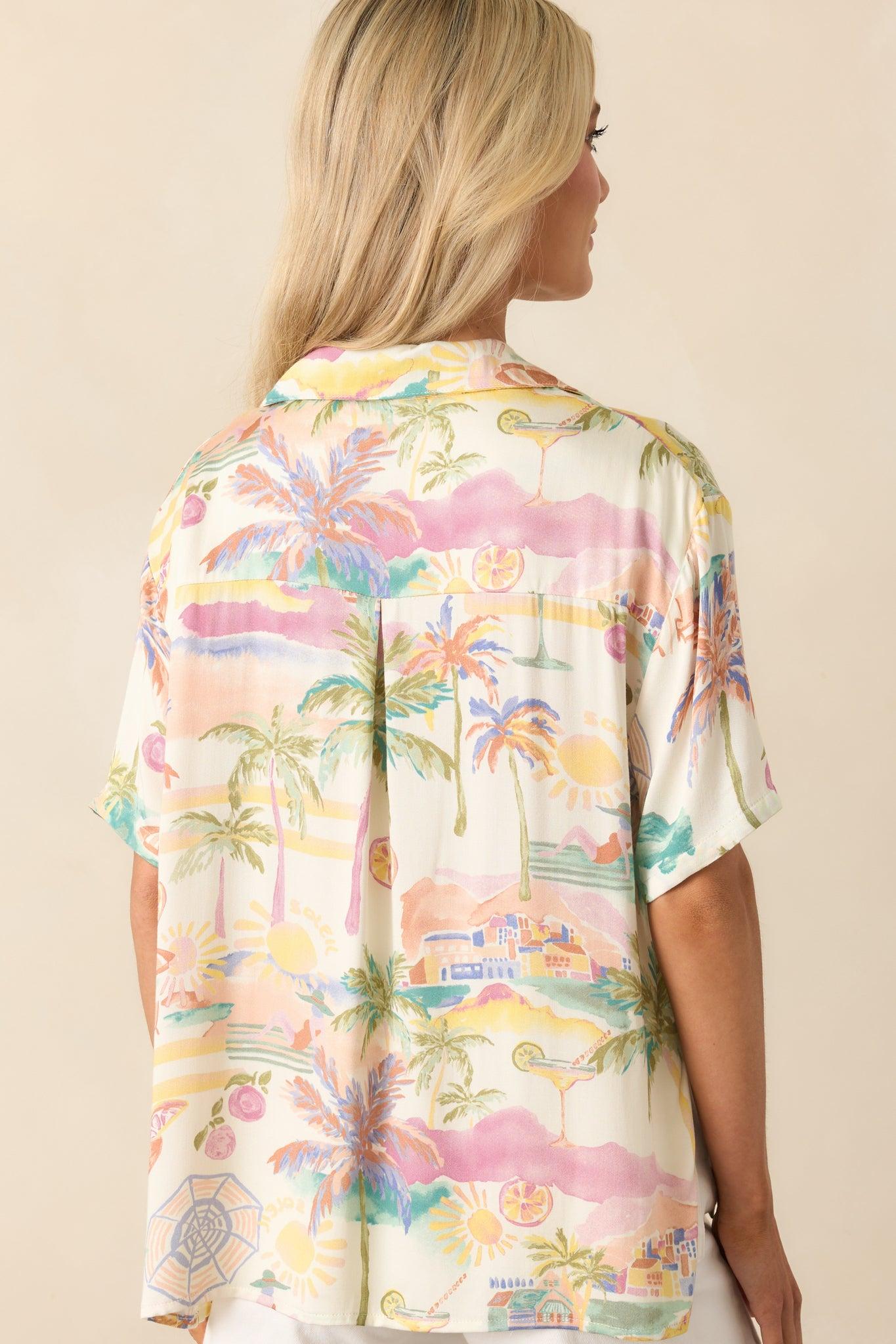 As The Sun Sets Ivory Multi Tropical Print Button Front Top Product Image