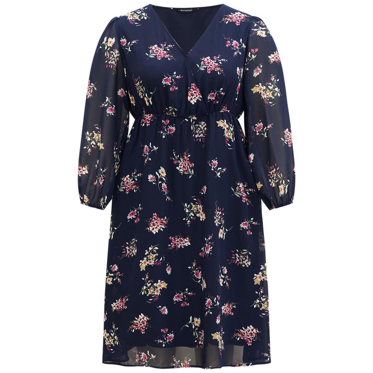 Plus Size Floral Print Surplice Neck Lantern Sleeve Mesh Dress DarkBlue Women Elegant Elastic cuffs V-neck Long Sleeve Curvy Midi Dress BloomChic 12/L Product Image