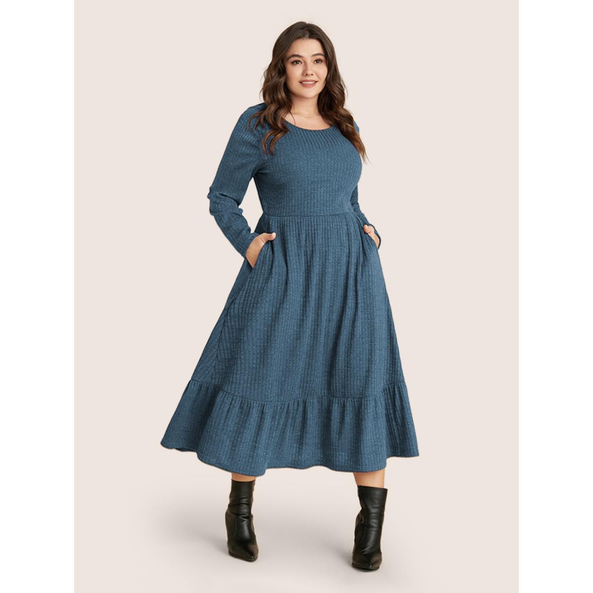 Plus Size Solid Pocket Rib Knit Ruffle Hem Dress Without Belt Coral Women Basics Non Round Neck Long Sleeve Curvy Midi Dress BloomChic 14-16/1X Product Image