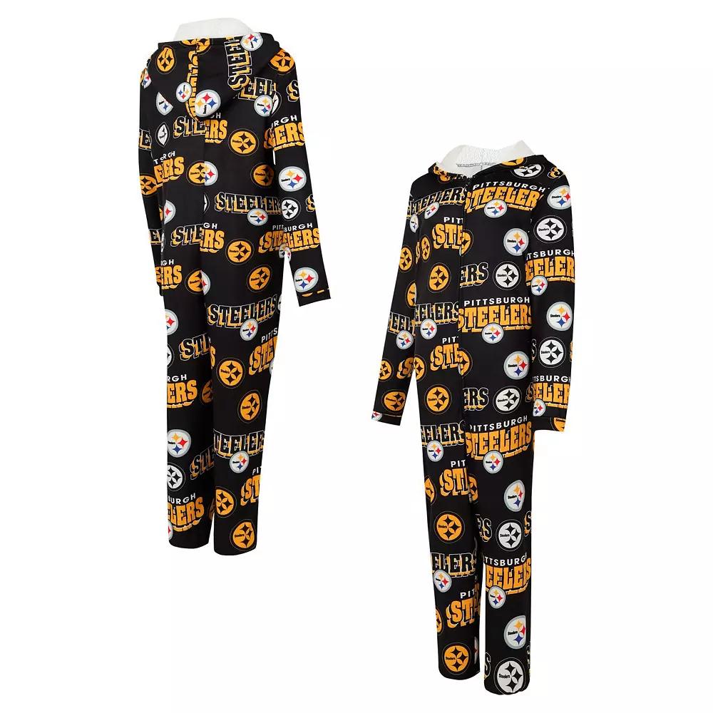 Women's Concepts Sport Black Pittsburgh Steelers Roadway Allover Print Microfleece Full-Zip Union Suit,  Product Image