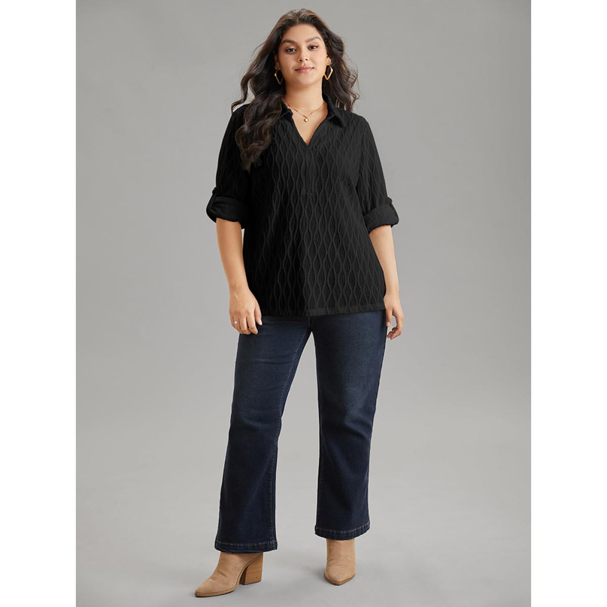 Plus Size Black Plain Shirt Collar Tab Sleeve Jacquard Blouse Women Casual Long Sleeve Shirt collar Office Blouses BloomChic 30/6X Product Image