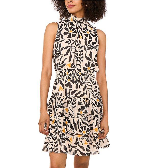 1. STATE Woven Sunflower Print Mock Neck Sleeveless Ruffle Tiered Dress Product Image