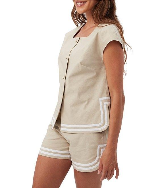 Trina Turk Valence Stretch Linen Blend Square Neck Cap Sleeve Button Front Top Product Image