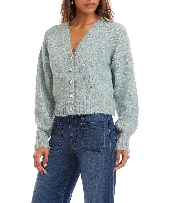 Karen Kane Wool Blend V-Neck Long Sleeve Pearl Button Front Cardigan Sweater Product Image