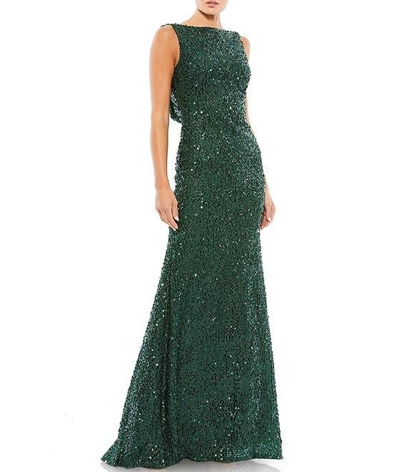 Ieena for Mac Duggal Sequin Drape Back Detail Boat Neck Sleeveless Sheath Gown Product Image