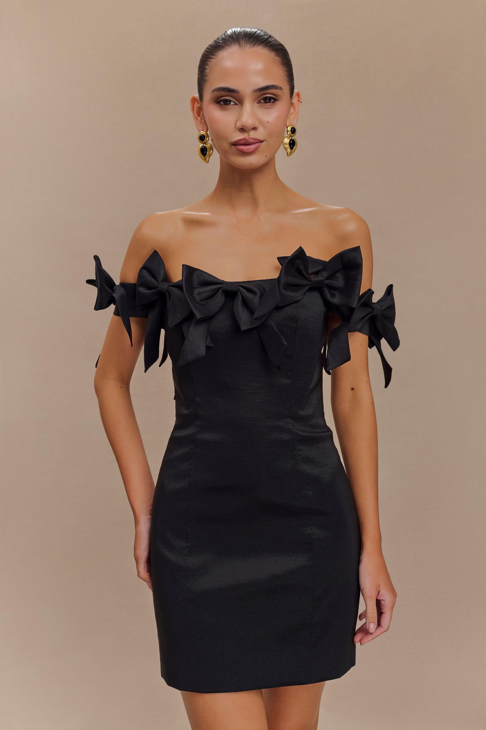 Rose Strapless Bow Mini Dress - Black Product Image