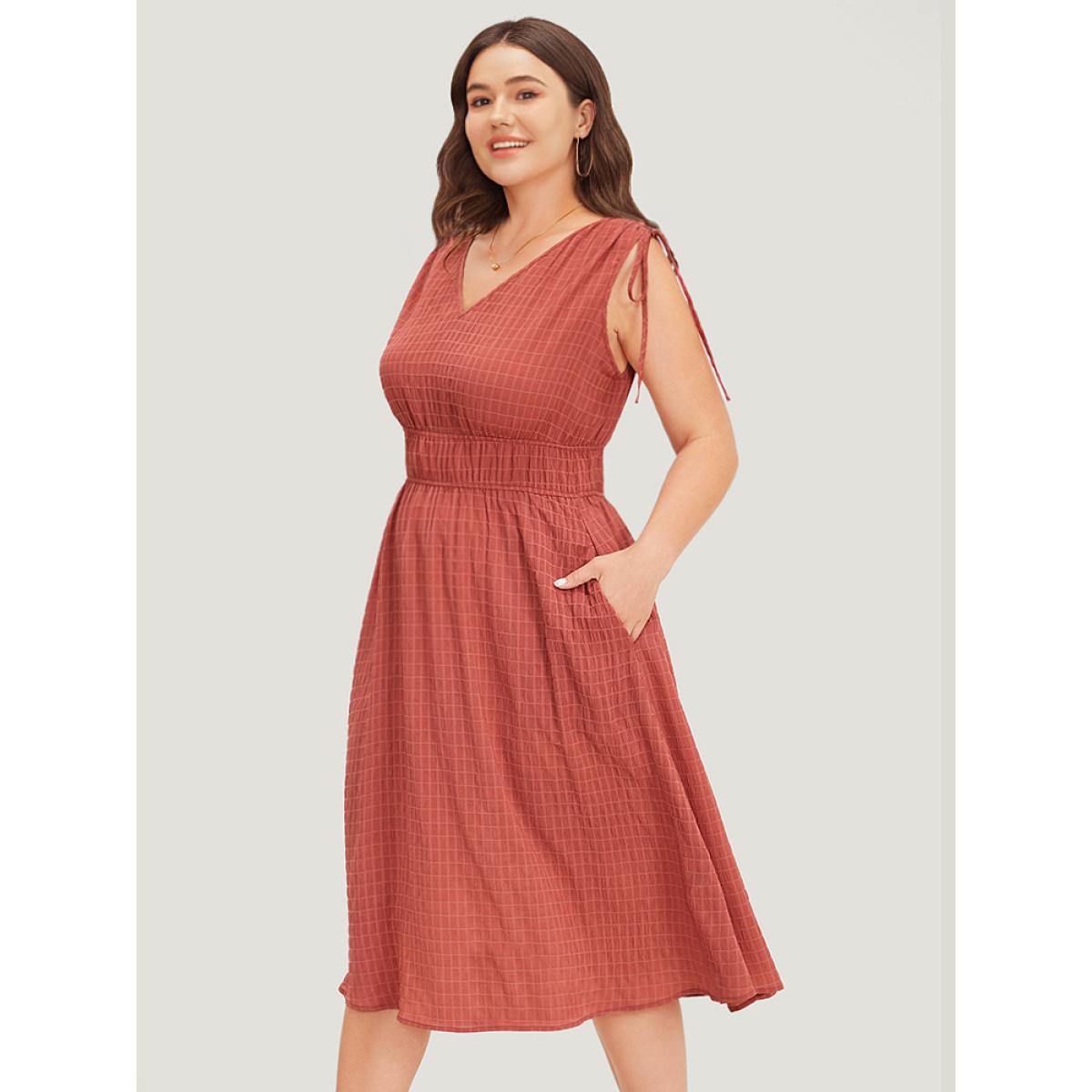 Plus Size V Neck Drawstring Sleeveless Pocket Elastic Waist Dress Coral Women Elegant Gathered V-neck Sleeveless Curvy Midi Dress BloomChic 12/L Product Image