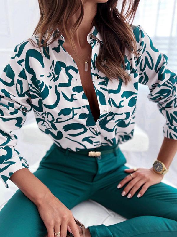 Trendy Long Sleeves Loose Printed Lapel Collar Blouses&Shirts Tops Product Image