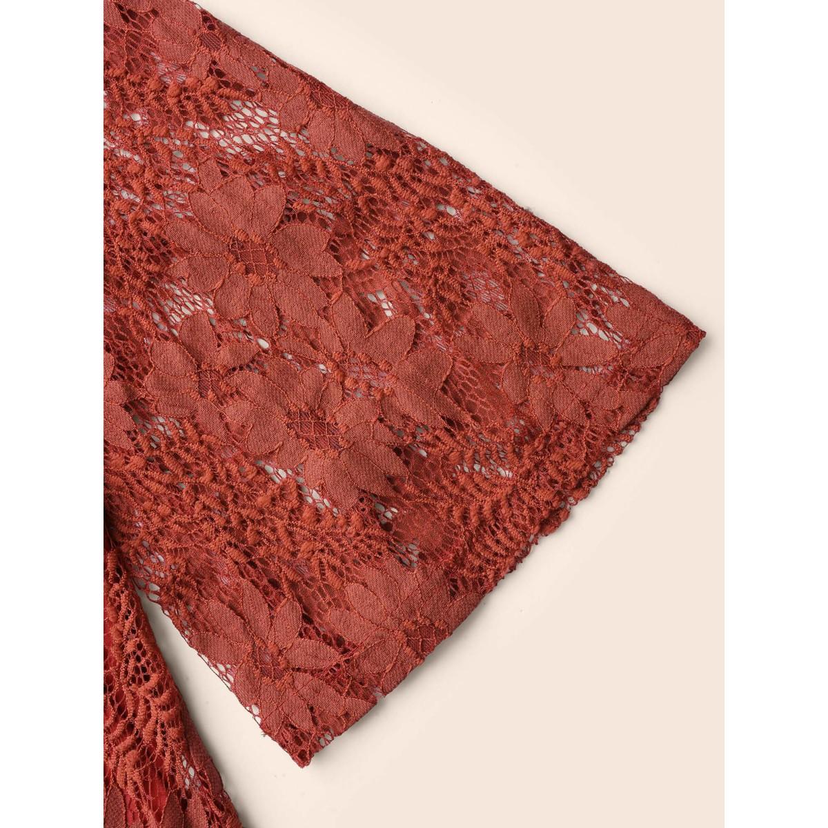 Plus Size Russet Crochet Lace Mesh Bell Sleeve Blouse Women Elegant Long Sleeve Overlap Collar Everyday Blouses BloomChic 10/M Product Image