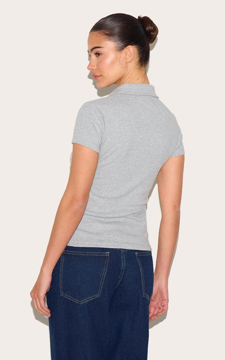 Grey Marl Rib Asymmetric Button Detail Fitted Polo Top Product Image