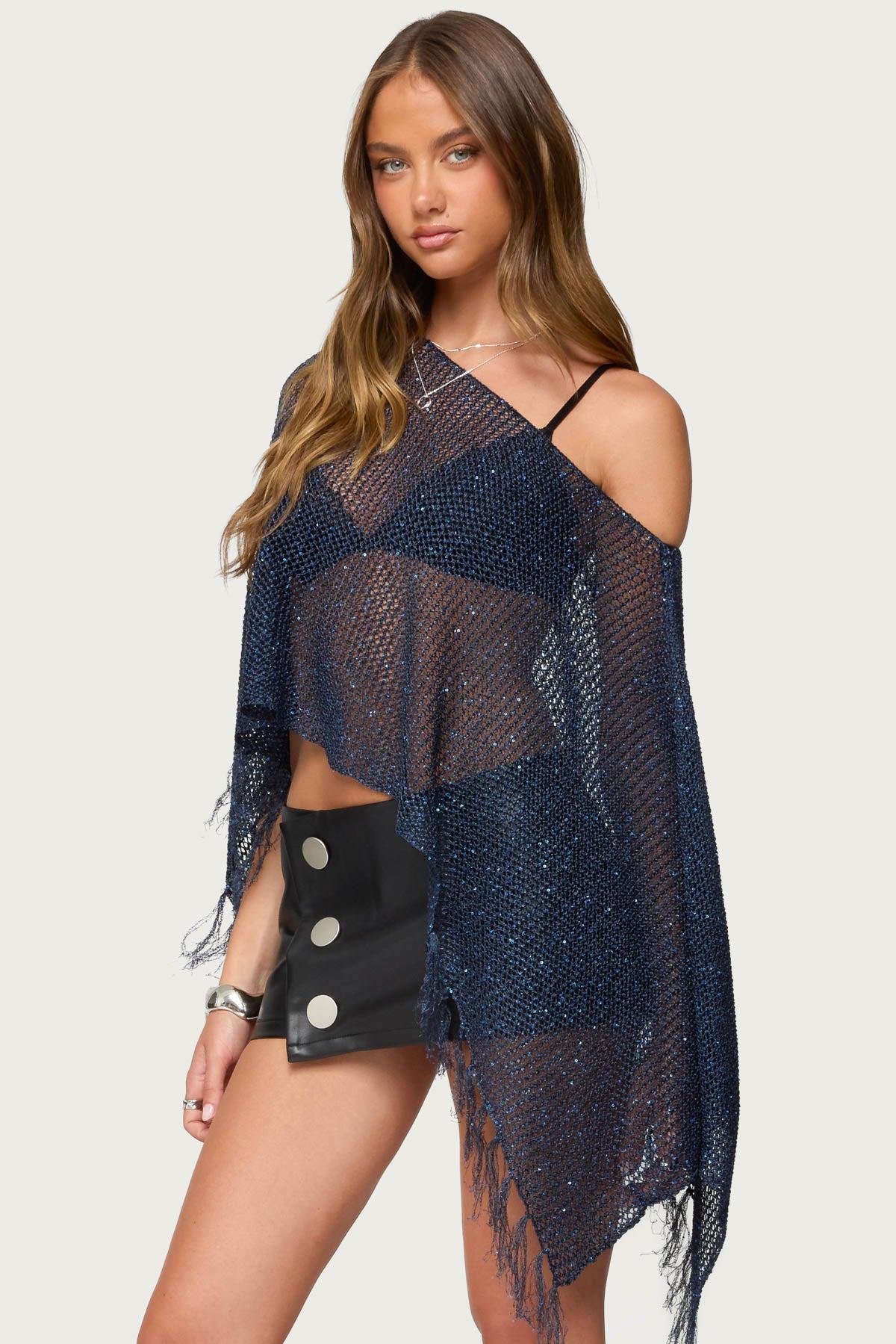 Sequin Fringe Knit Poncho Product Image