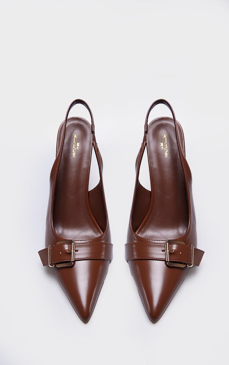 Brown PU Wide Fit Buckle Detail Stiletto High Heel Sling Back Court Heels Product Image