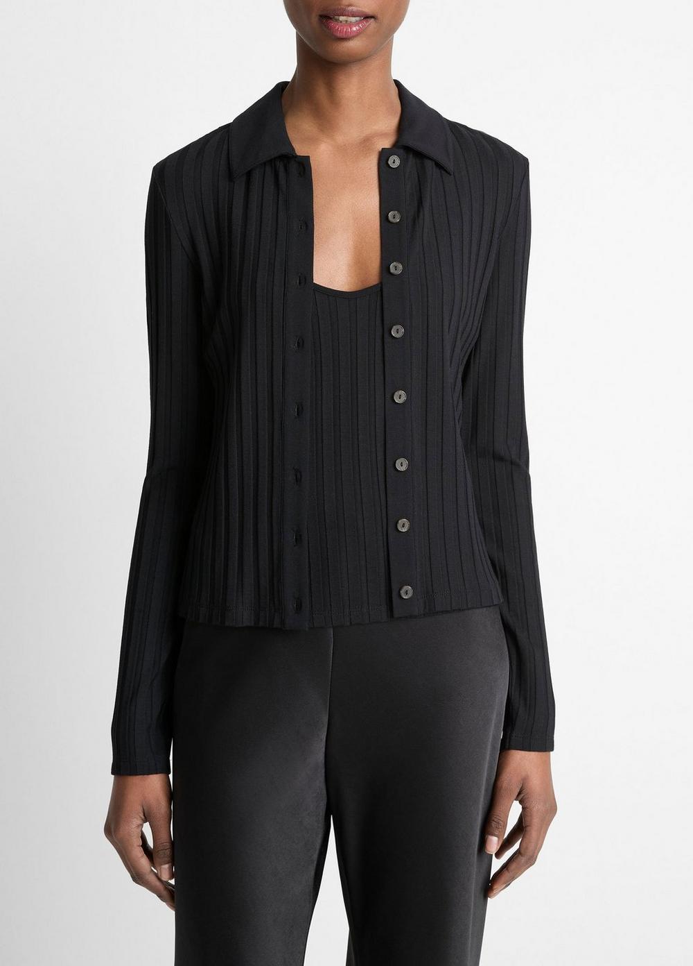 Ribbed Collared Long-Sleeve Button-Front Top Product Image