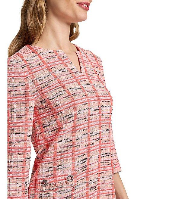 Ming Wang Multi Plaid Split V-Neck 3/4 Sleeve Sheath Dress Product Image