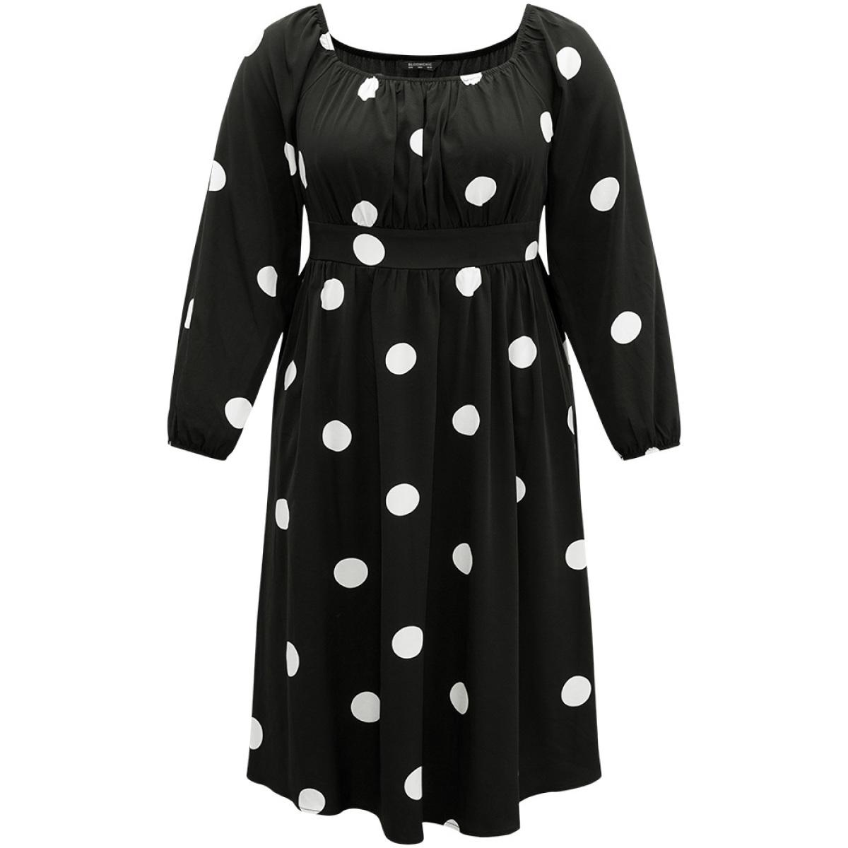 Plus Size Polka Dot Square Neck Gathered Elastic Cuffs Dress Black Women Elegant Elastic cuffs Square Neck Long Sleeve Curvy Midi Dress BloomChic 14-16/1X Product Image