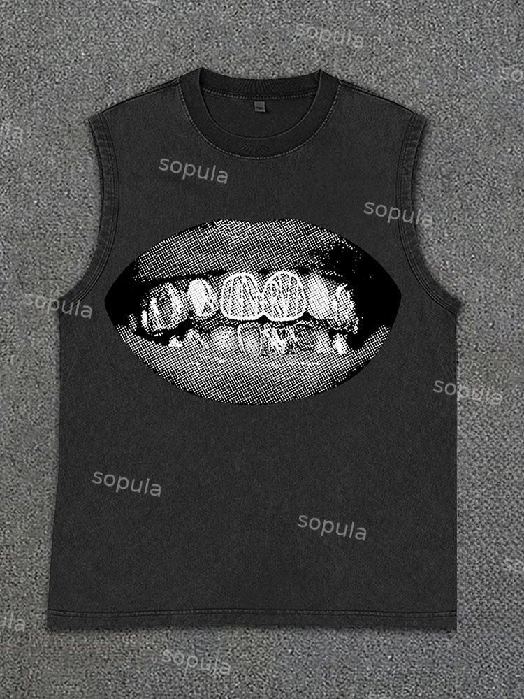 Sopula Men's Retro Casual Unisex Lip Print Vintage Wash Sleeveless Tank Top Product Image