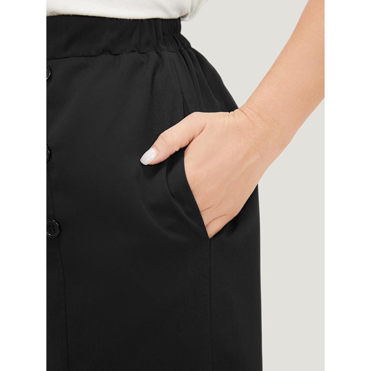 Plus Size Solid Button Detail Pocket Straight Leg Pants Women Black Office Straight Leg High Rise Work Pants BloomChic 12/L Product Image