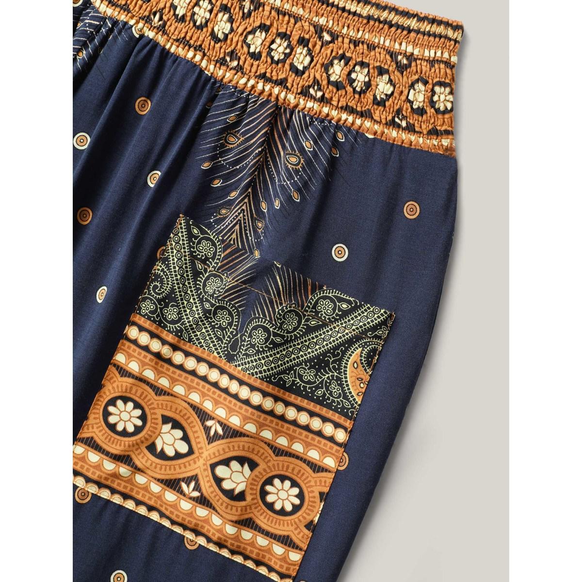 Plus Size Peacock Print Shirred Jogger Pants Women Indigo Boho Mid Rise Vacation Pants BloomChic 10/M Product Image