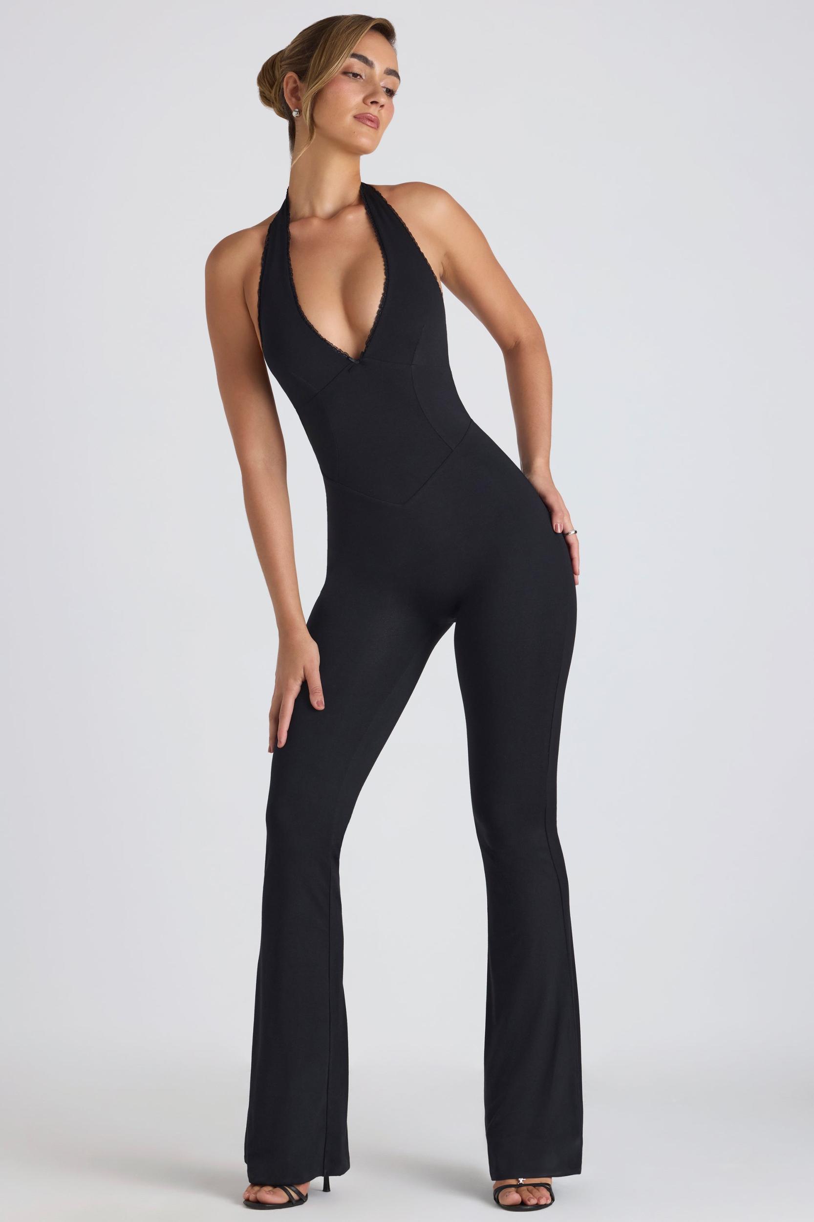 Modal Lace-Trim Cut-Out Flared Jumpsuit in Black Product Image