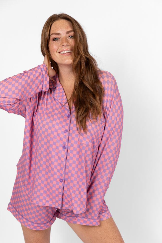 Good To Get Away Light Pink and Lilac Checkered Long Sleeve Pajama Top FINAL SALE Product Image