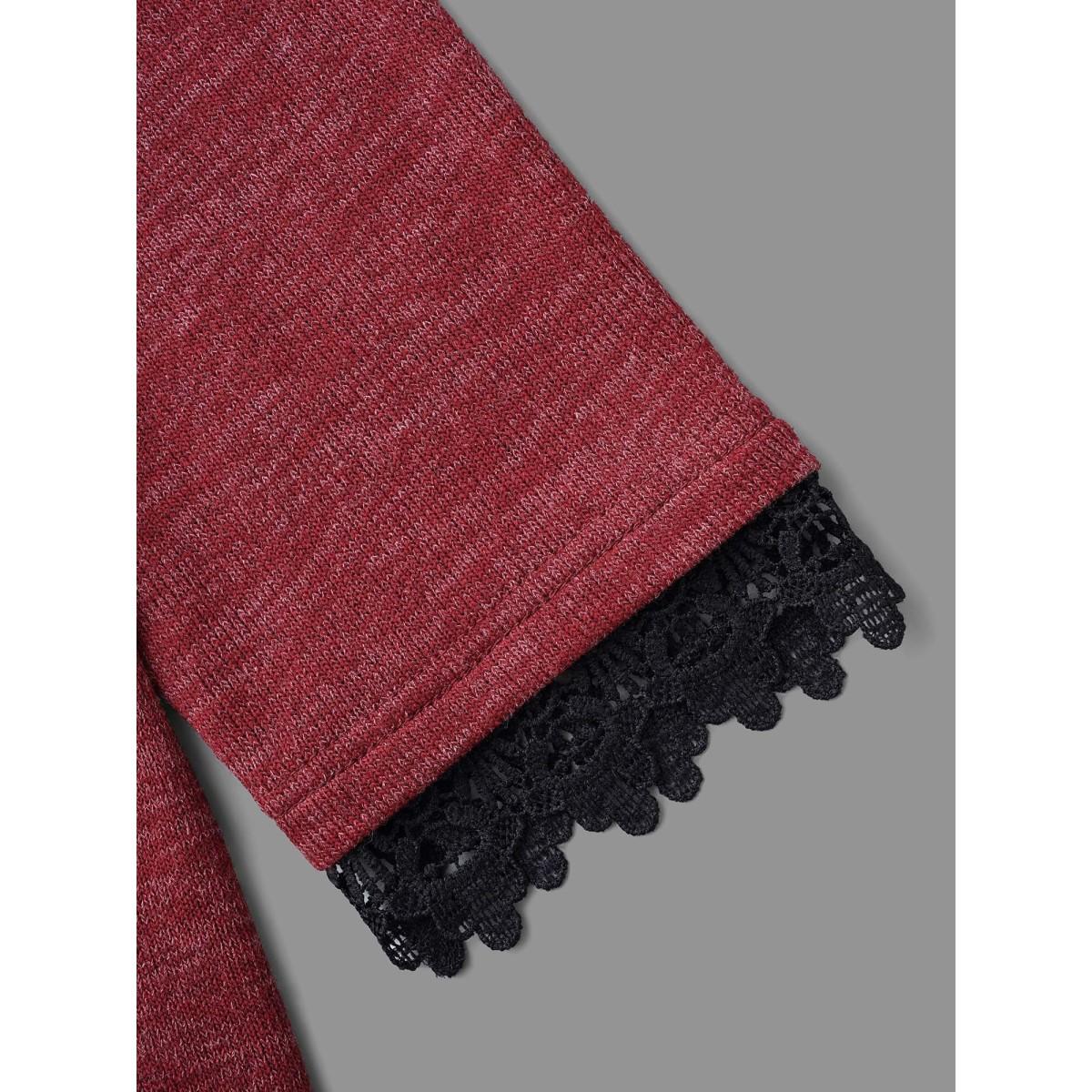 Plus Size V Neck Lace Trim Stitch Button Detail T-Shirt Deepred Women Elegant Woven ribbon&lace trim V-neck Everyday T-shirts BloomChic 14-16/1X Product Image