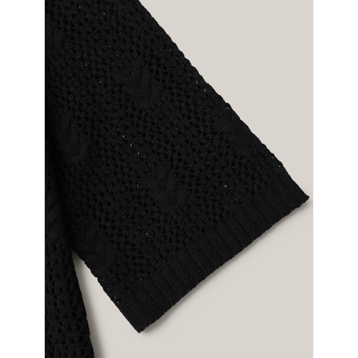 Plus Size Sheer Cable Knit Long Sleeve Swim Blouse Women's Swimwear Black Beach Loose Texture Curve Swim Cover Ups BloomChic 12/L Product Image