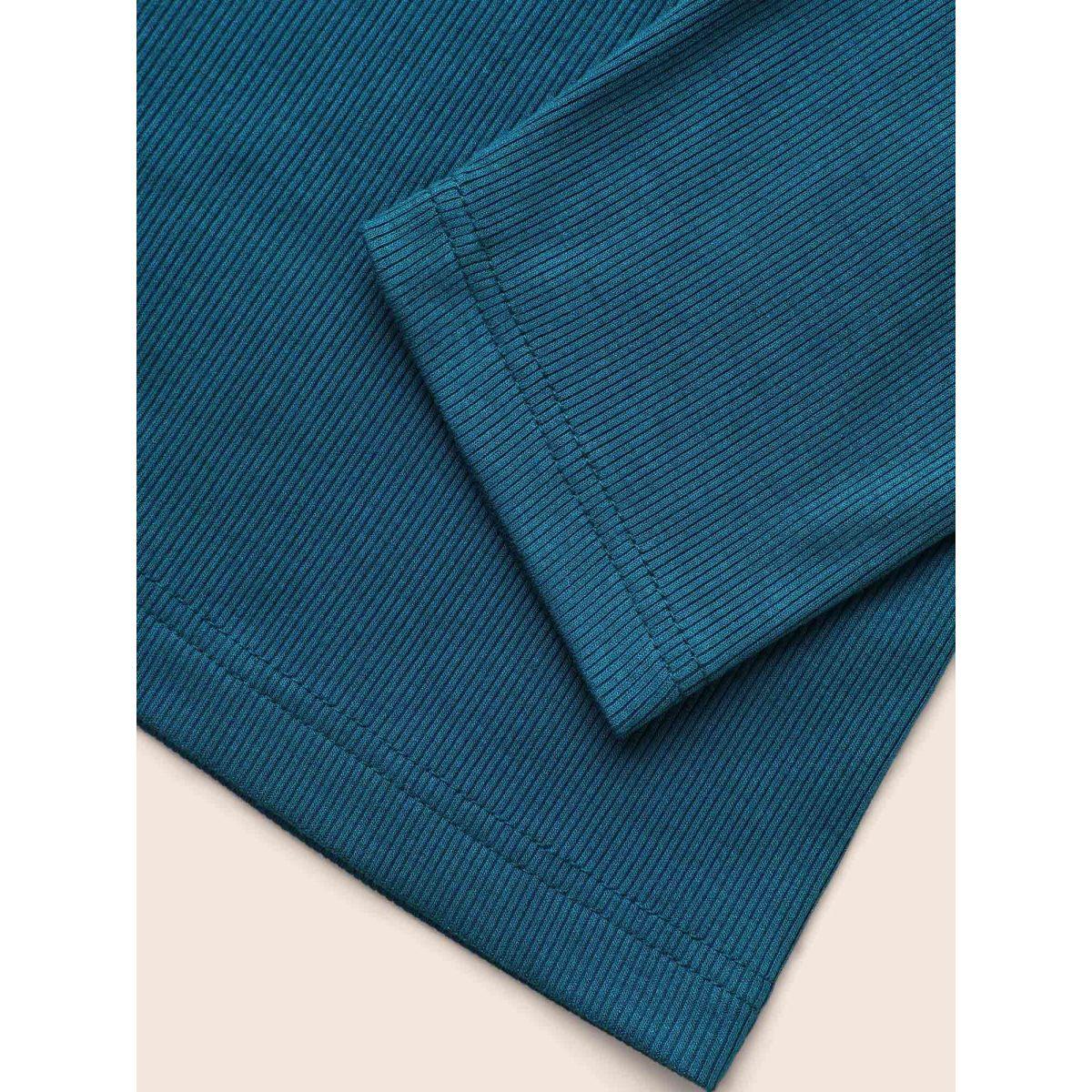 Plus Size Solid Notched Collar Rib Knit T-shirt Aegean Women Casual Texture Notched collar Everyday T-shirts BloomChic 14-16/1X Product Image