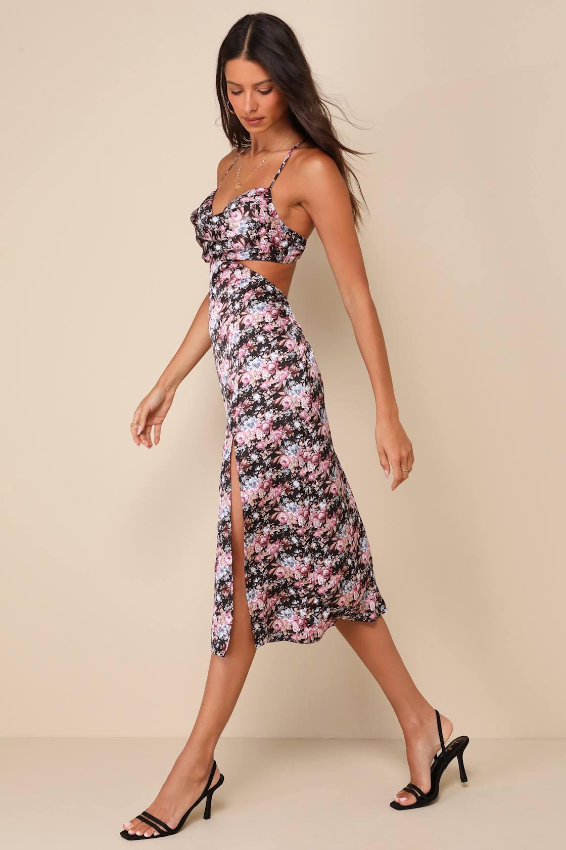 Unreal Charisma Black Floral Print Satin Cutout Midi Dress Product Image