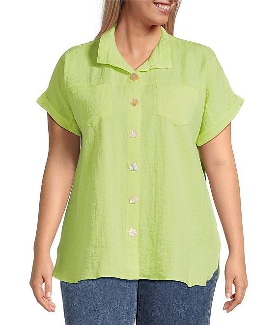John Mark Plus Size Solid Wire Collar Short Dolman Sleeve Button Front Camp Shirt Product Image