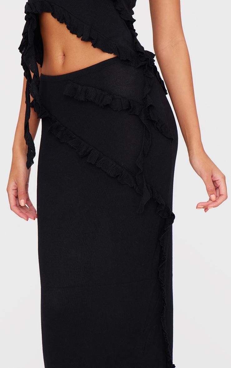 Black Rib Knit Frill Detail Maxi Skirt Product Image