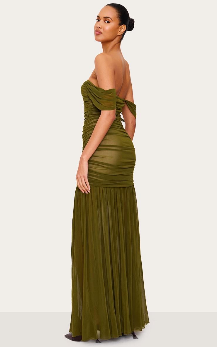 Olive Mesh Bardot Ruched Detail Maxi Dress Product Image