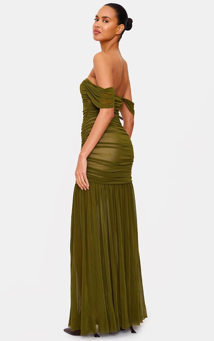 Olive Mesh Bardot Ruched Detail Maxi Dress Product Image