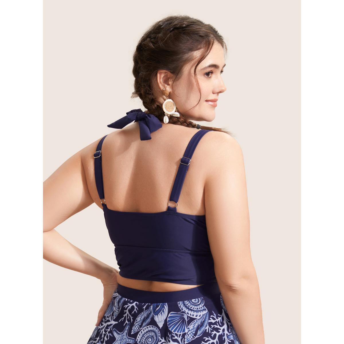 Plus Size Marine Elements Patchwork Tie Knot Swim Top Women's Swimwear Indigo Beach Cross straps High stretch Skinny V-neck Curve Swim Tops BloomChic 26/4X Product Image