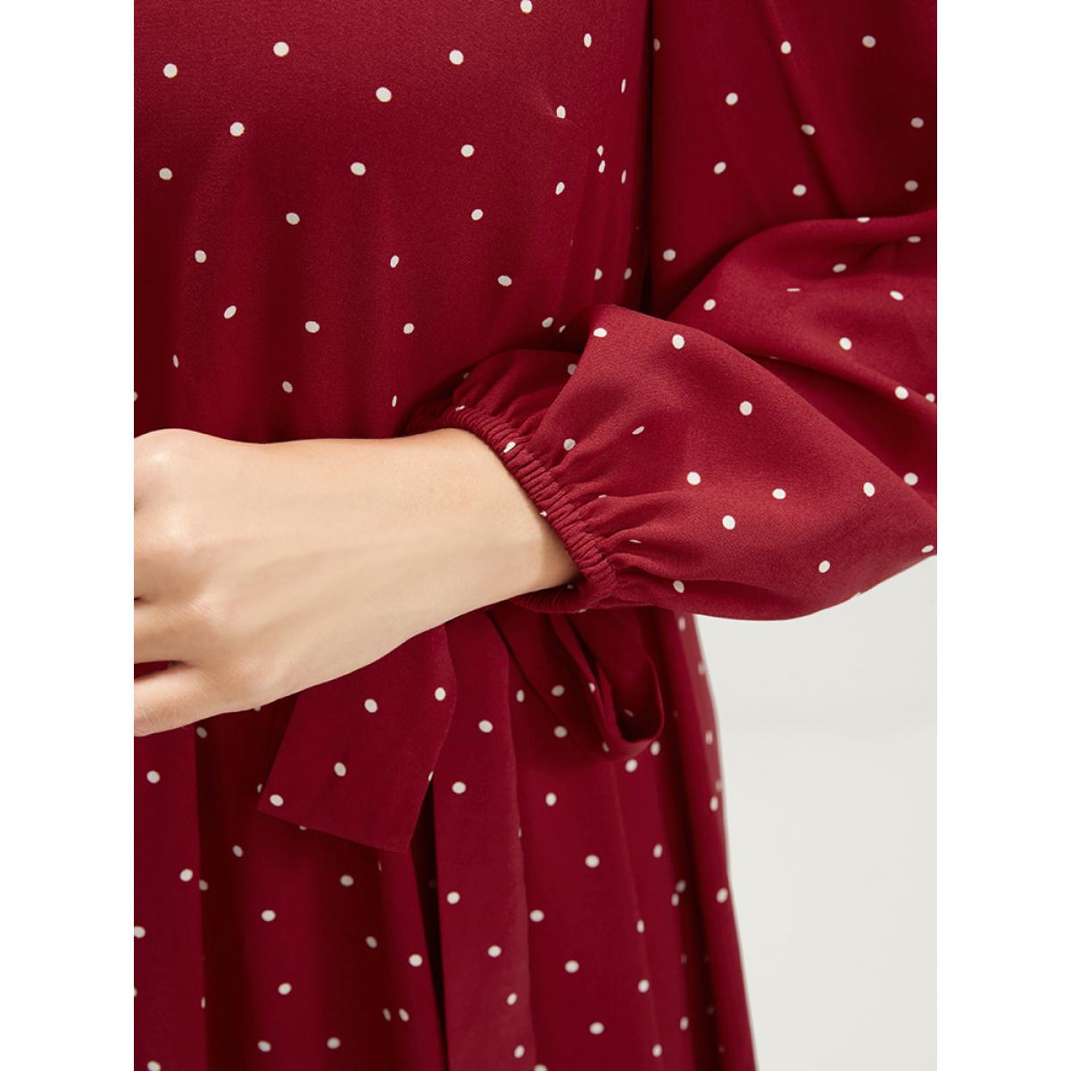 Plus Size Polka Dot Keyhole Round Neck Pocket Belted Ruffle Dress Scarlet Women Elegant Belted Round Neck Long Sleeve Curvy Long Dress BloomChic 14-16/1X Product Image