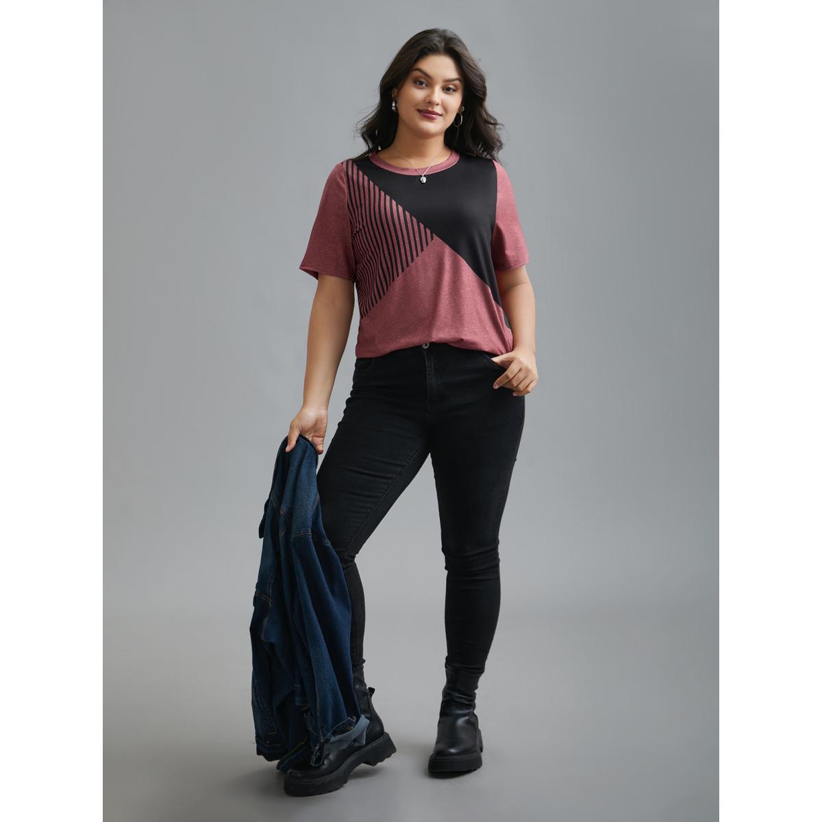 Plus Size Striped Print Contrast Stretchy T-Shirt Russet Women Casual Contrast Round Neck Everyday T-shirts BloomChic 18-20/2X Product Image