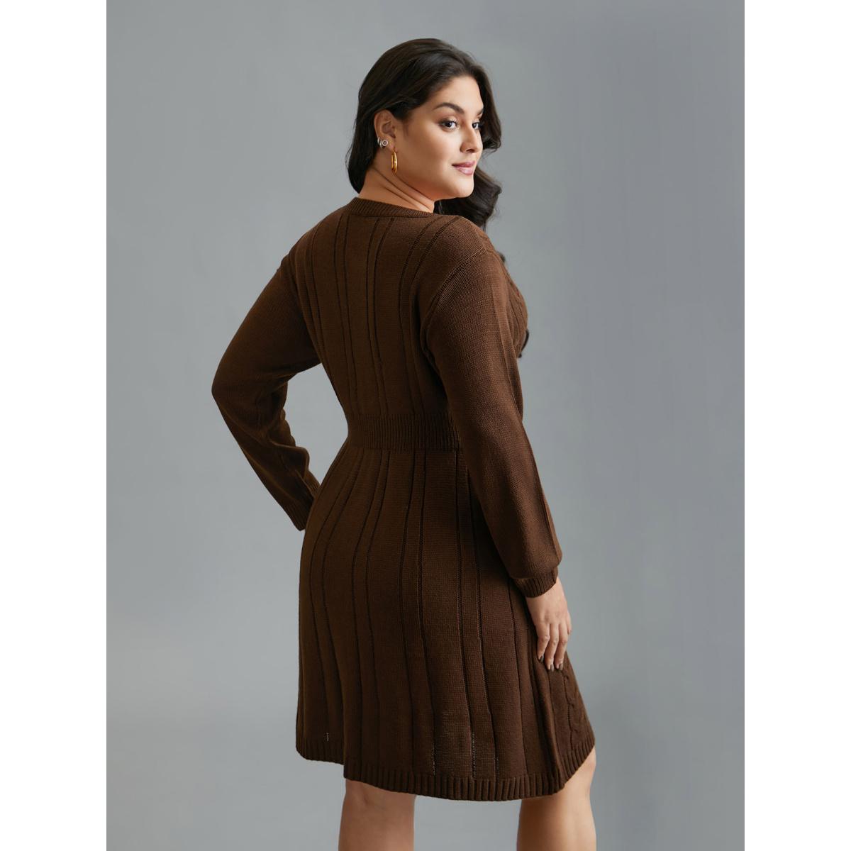 Plus Size Textured Cable Knit V-Neck Midi Sweater Dress Browncoffeecolor Women Leisure Bodycon Long Sleeve Casual Sweater Dresses BloomChic 26/4X Product Image