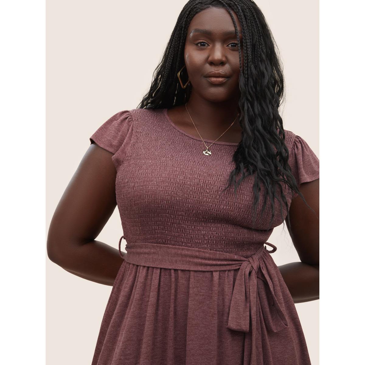 Plus Size Supersoft Essentials Shirred Ruffle Cap Sleeve Dress Scarlet Women Basics Non Round Neck Cap Sleeve Curvy Midi Dress BloomChic 18-20/2X Product Image