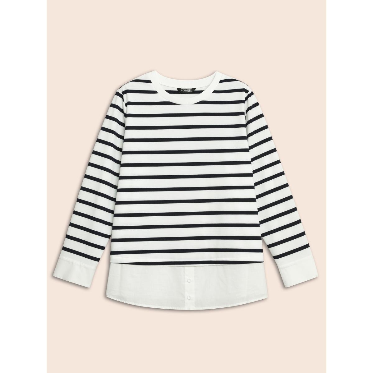 Plus Size 2-In-1 Striped Patchwork Button Detail Sweatshirt Women Navy Casual Contrast Round Neck Everyday Sweatshirts BloomChic 18-20/2X Product Image