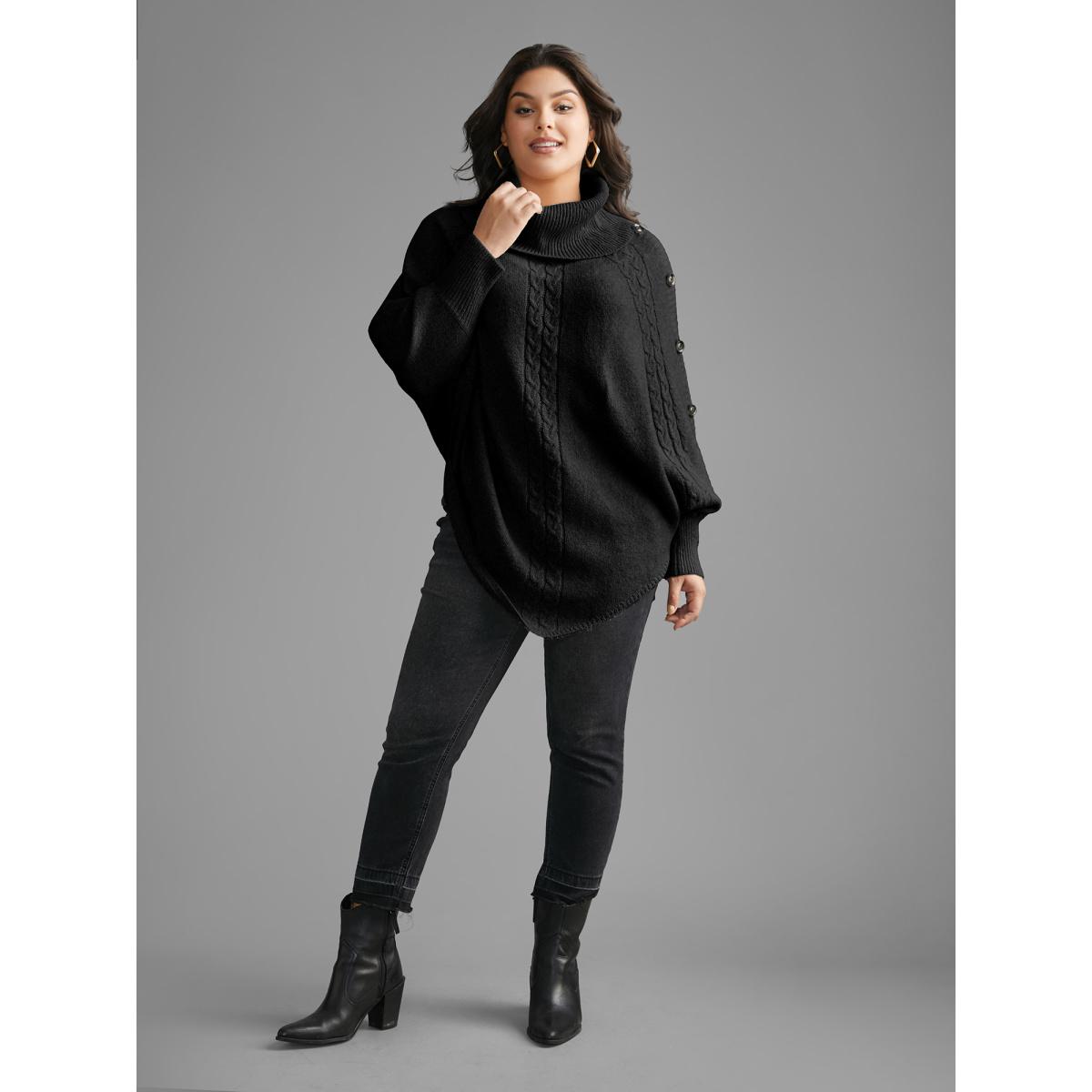 Plus Size Turtleneck Cable Knit Asymmetrical Hem Pullover Black Women Casual Loose Long Sleeve Ruffled collar Everyday Pullovers BloomChic 26/4X Product Image