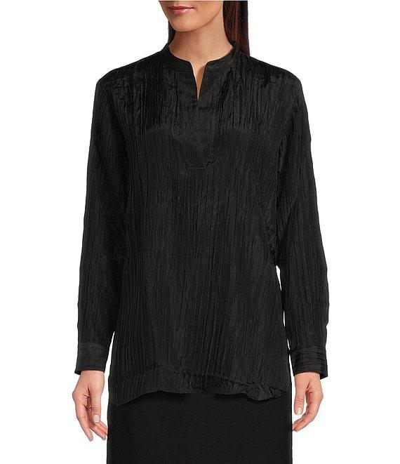 Eileen Fisher Textured Silk Jacquard Mandarin Collar Long Sleeve Top Product Image
