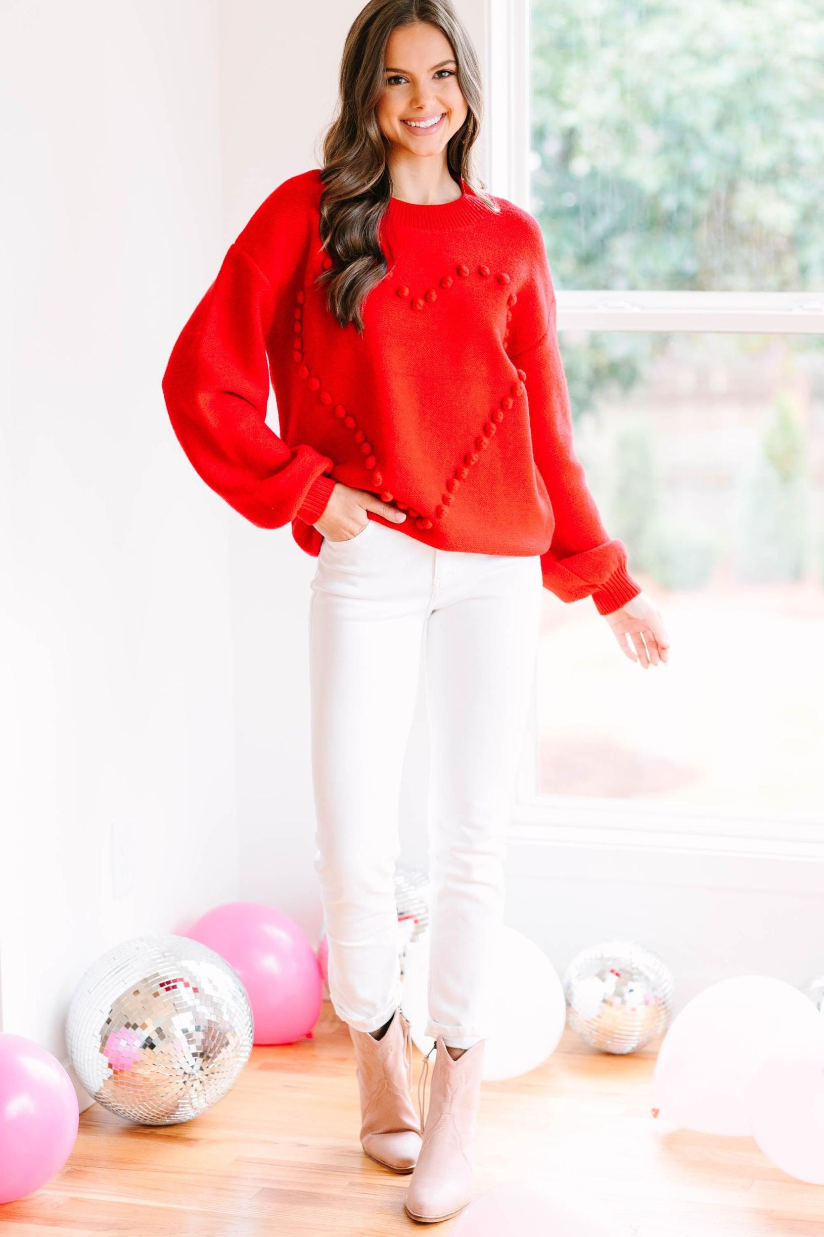 All For The Love Red Pompom Heart Sweater Female Product Image