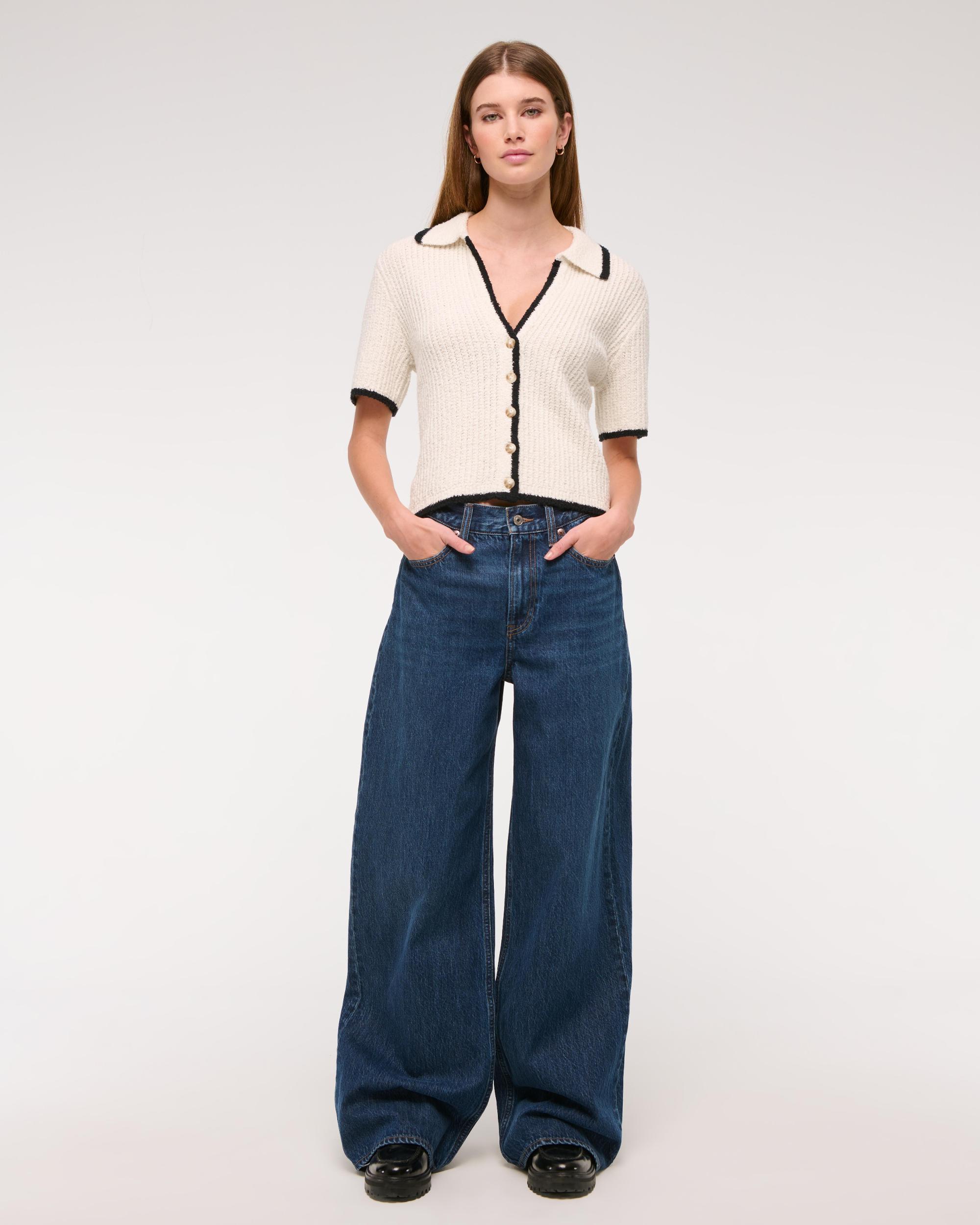 Short-Sleeve Crochet-Style Polo Product Image