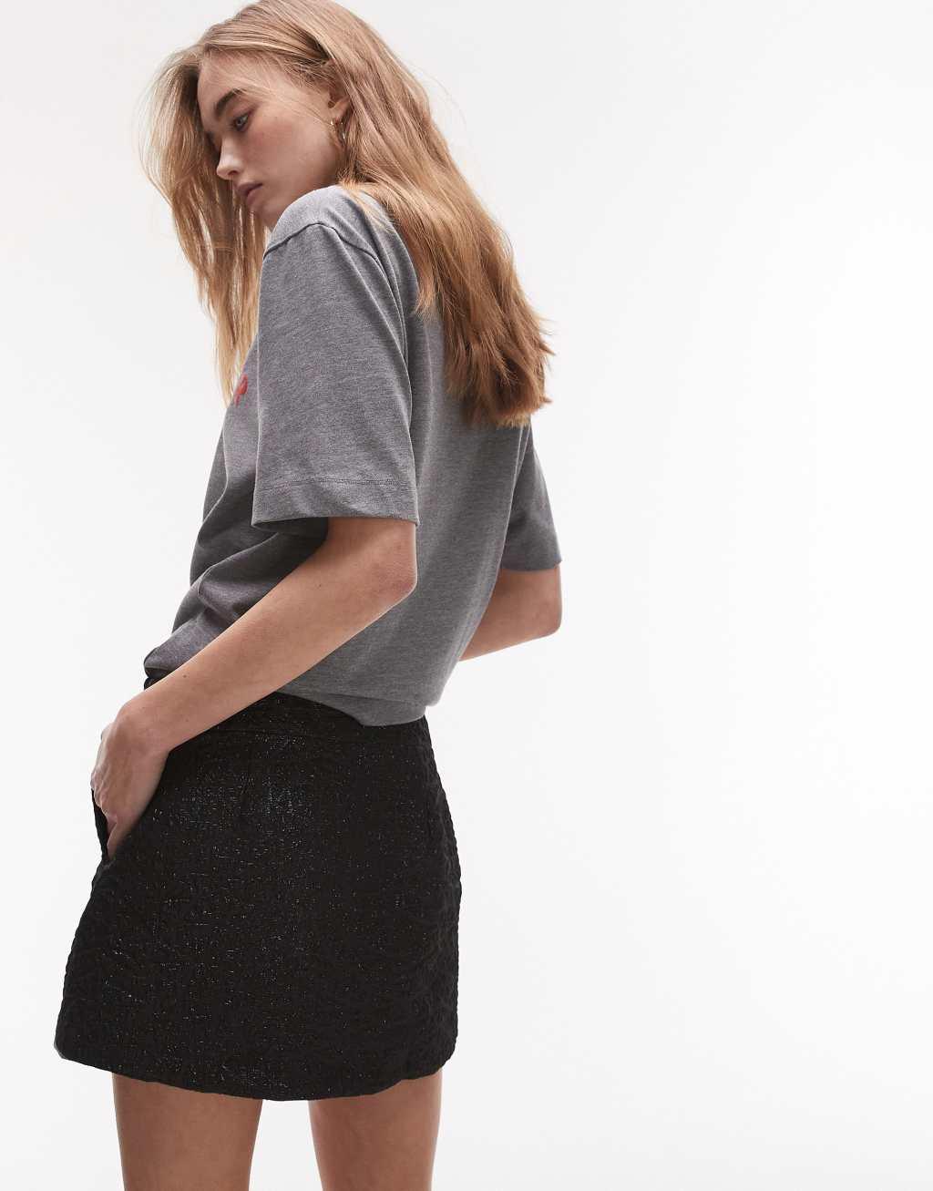 Topshop textured jacquard mini skirt in black Product Image