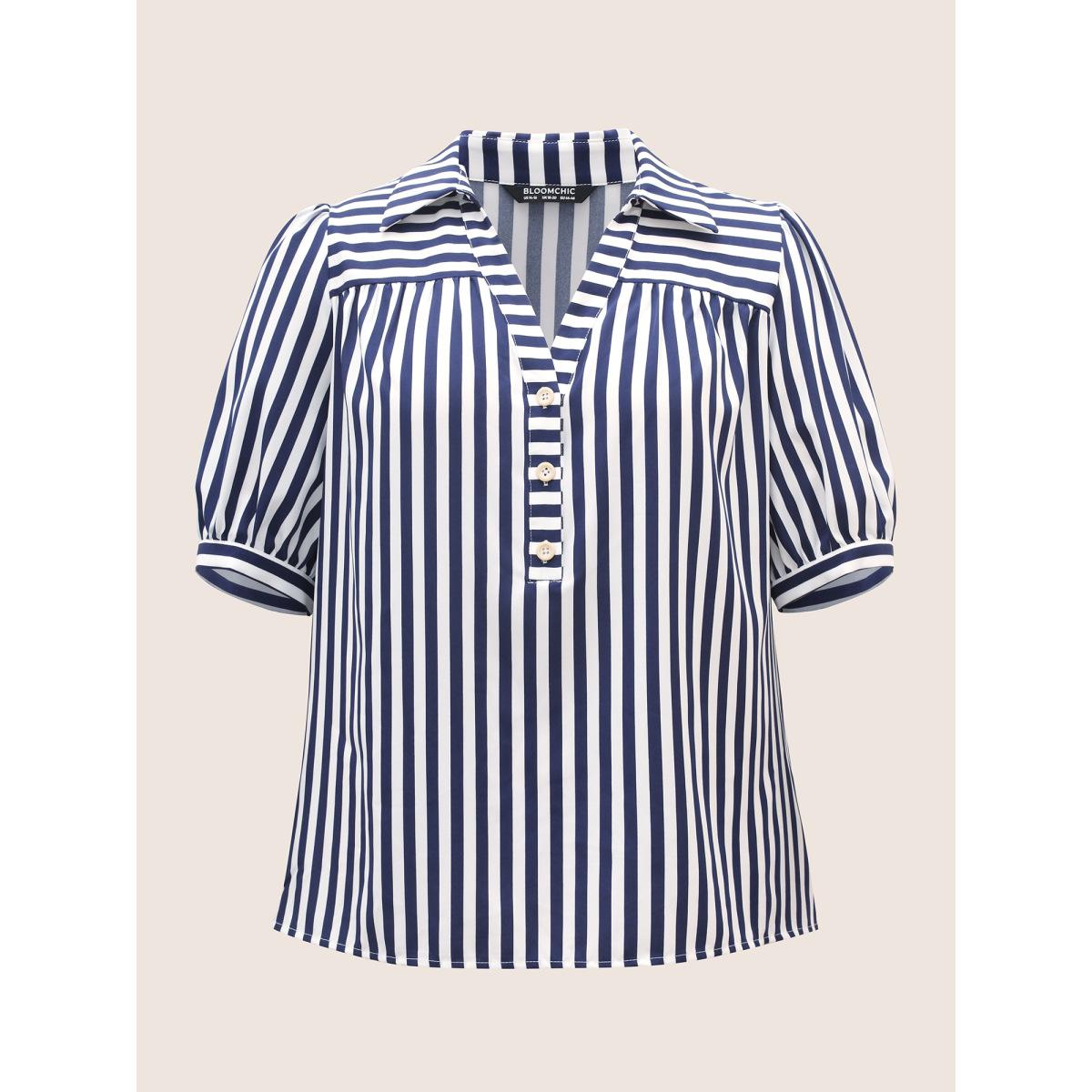 Plus Size DarkBlue Striped Notched Collar Lantern Sleeve Blouse Women Workwear Essentials Short sleeve Notched collar Work Blouses BloomChic 10/M Product Image
